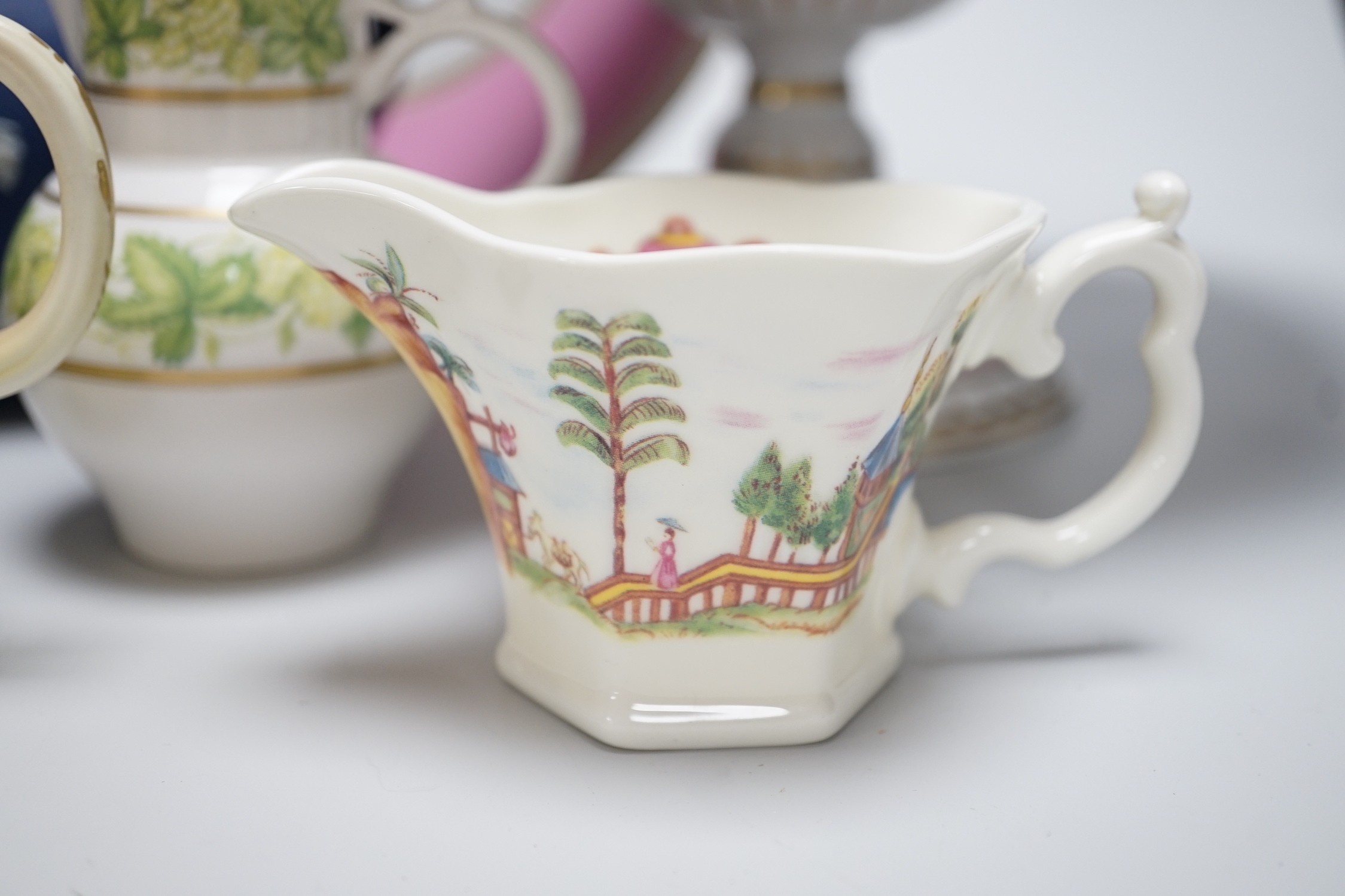 Grainger & Co. Worcester pink ground part dessert service, an Adams silver-mounted blue jasper teaset and five other items